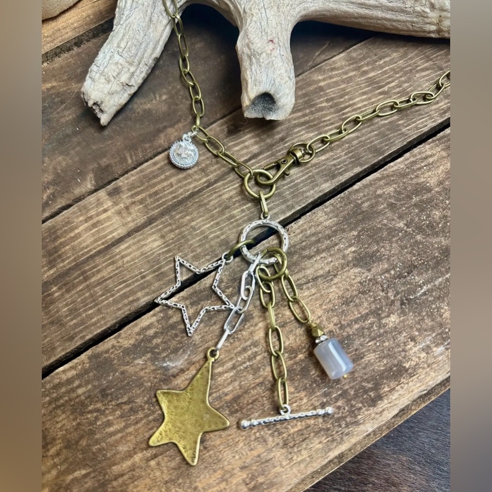 Layered Star Charm Necklace in Antique Gold and Silver